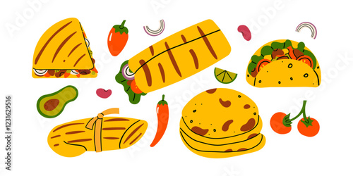 Traditional Mexican food and dishes, taco and quesadilla, burrito and taco. Vegetables and meat products, snacks in restaurant or cafe. Flat doodle illustration isolate on white.