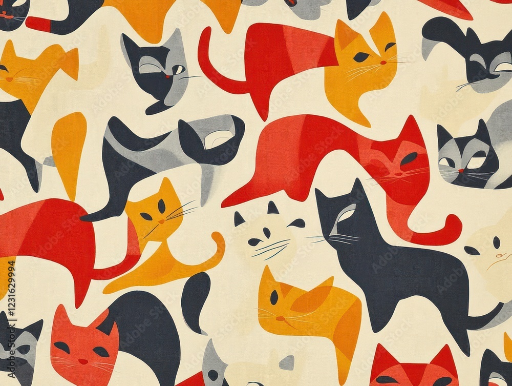 Naklejka premium Colorful stylized cats pattern, textile design, playful background, fabric print