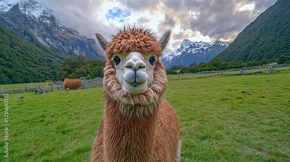 Obraz premium Alpaca in a Mountainous Pastureland Setting