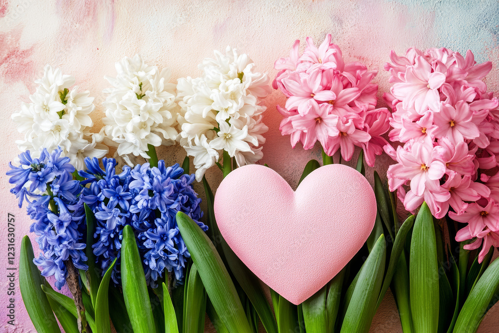Obraz premium Delicate hyacinths and pink hearts with a soft pastel background, perfect for romantic and spring-themed designs