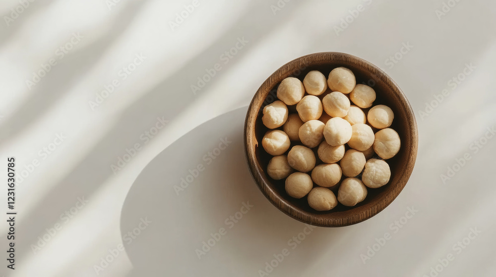 Minimalist flat lay of macadamia nuts in wooden bowl, showcasing their natural texture and color. soft shadows add serene touch to composition Minimalist flat lay of macadamia nuts in wooden bowl, showcasing their natural texture and color. soft shadows add serene touch to composition