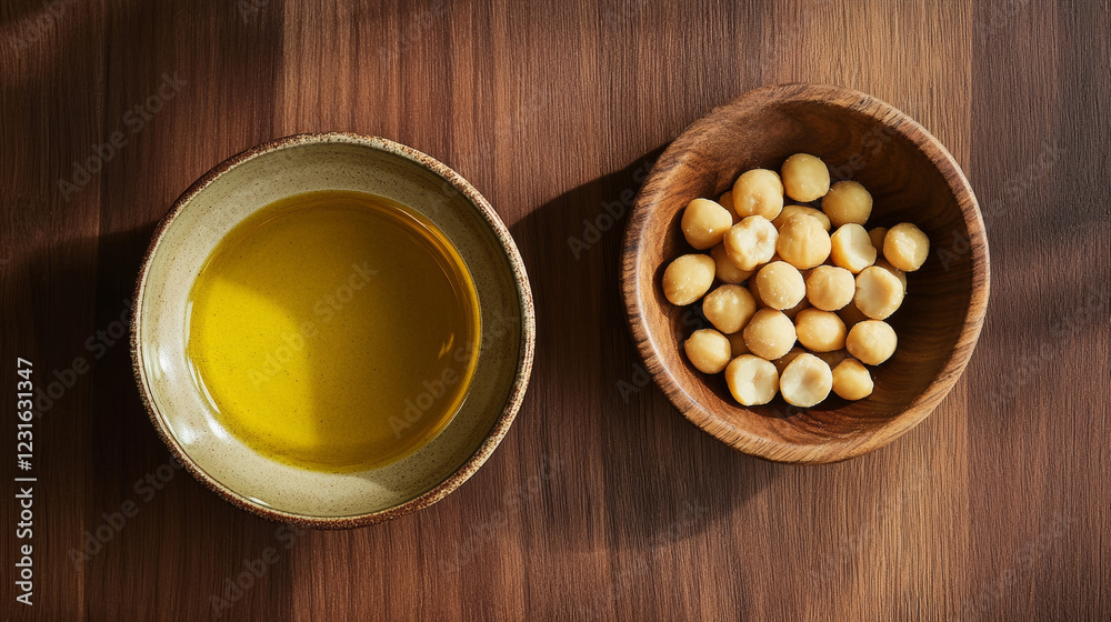 minimalist setup featuring ceramic bowl of golden oil alongside wooden bowl of nuts creates warm and inviting atmosphere minimalist setup featuring ceramic bowl of golden oil alongside wooden bowl of nuts creates warm and inviting atmosphere