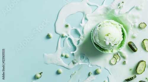 Advertising banner | Light green ice cream packaging with the taste of pickled cucumbers and cream, on top of an ice cream ball surrounded by splashes of milk and pieces of pickled cucumbers | Soft mi photo