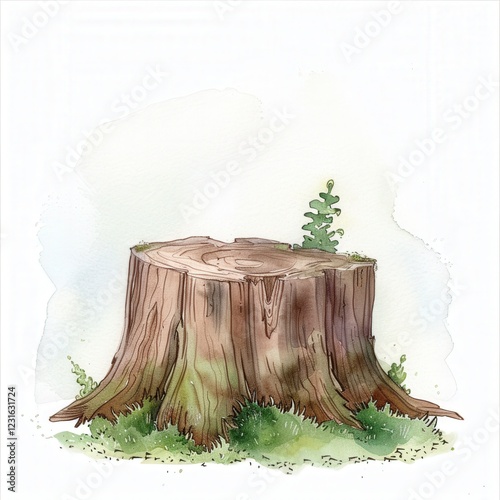 Stump of a Tree on white background Drawing watercolor illustration art photo