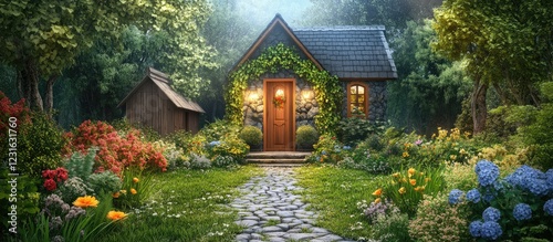 Cozy garden house with wooden entrance surrounded by vibrant wildflowers and lush greenery, stone pathway leading to inviting door and outbuilding
