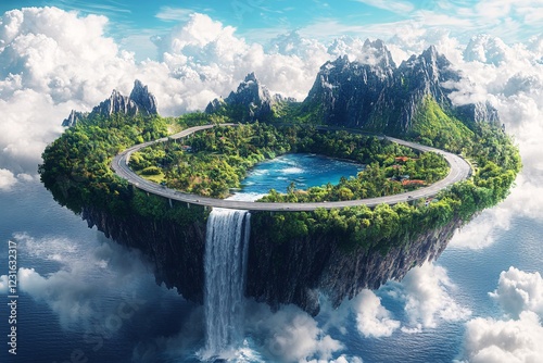 Surreal Vibrant Floating Island with Waterfall and Lush Mountains