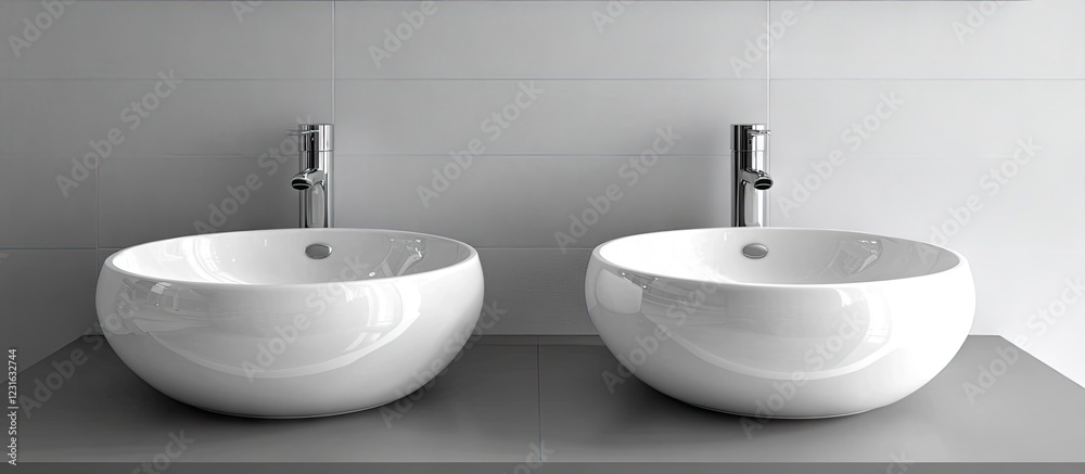 Fototapeta premium Stylish modern white bathroom interior with two round sinks positioned symmetrically on a sleek gray countertop against a minimalist backdrop.