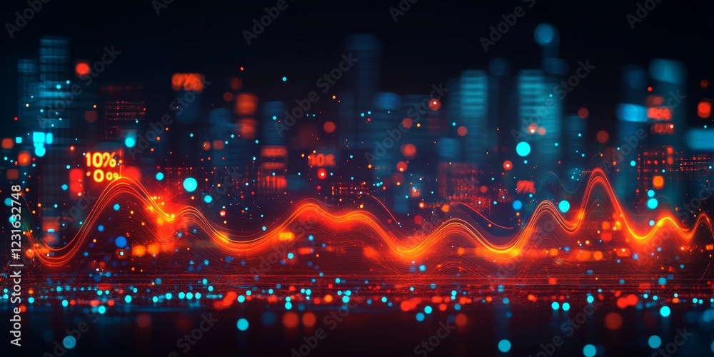 Obraz premium Financial Data Screen with Stock Market Chart, Rising Trend Lines, City Lights Background