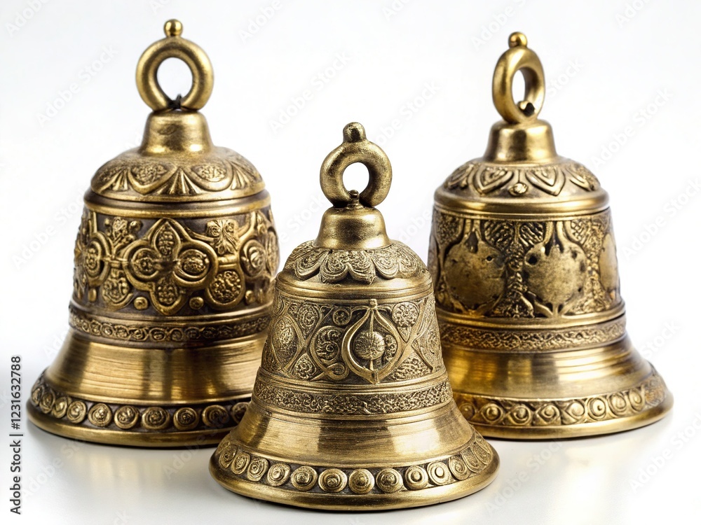 Three Unique Bells on a Pure White Background: Brass, Engraved, and More Three Unique Bells on a Pure White Background: Brass, Engraved, and More