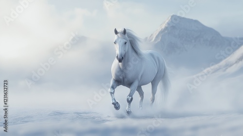 White horse running in snowy mountains.  Possible stock photo use depicting freedom, winter landscape photo