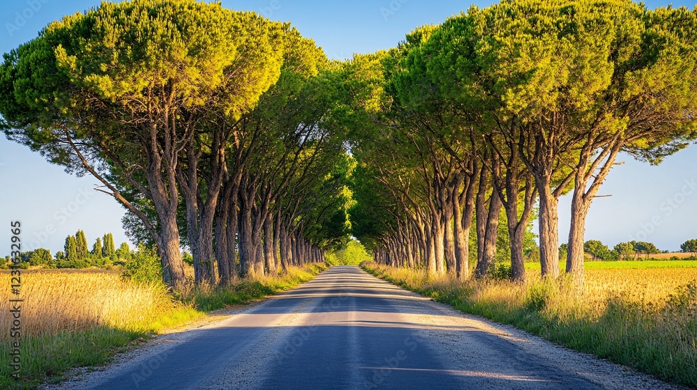 Obraz premium Vibrant Summer Landscape with Empty Asphalt Road and Tall Trees