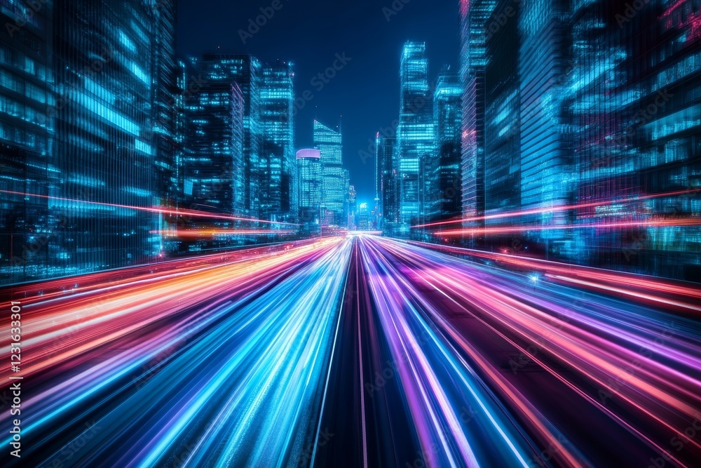 A city street with a bright neon light that is blurred. The light is on the road and the city is in the background A city street with a bright neon light that is blurred. The light is on the road and the city is in the background