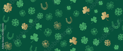 Patricks Day, clover pattern on green. Hand drawn illustrations