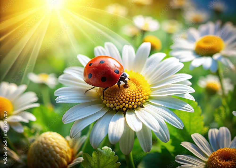 Vibrant Ladybugs and White Daisies Adorn Garden Greenery Vibrant Ladybugs and White Daisies Adorn Garden Greenery