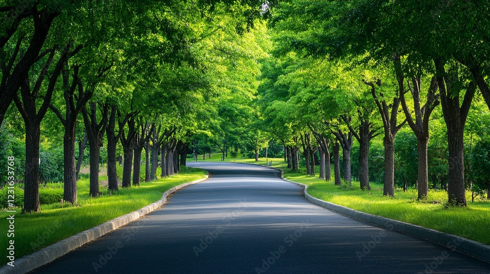 Obraz premium Vibrant Summer Landscape of an Empty Asphalt Road Surrounded by Trees