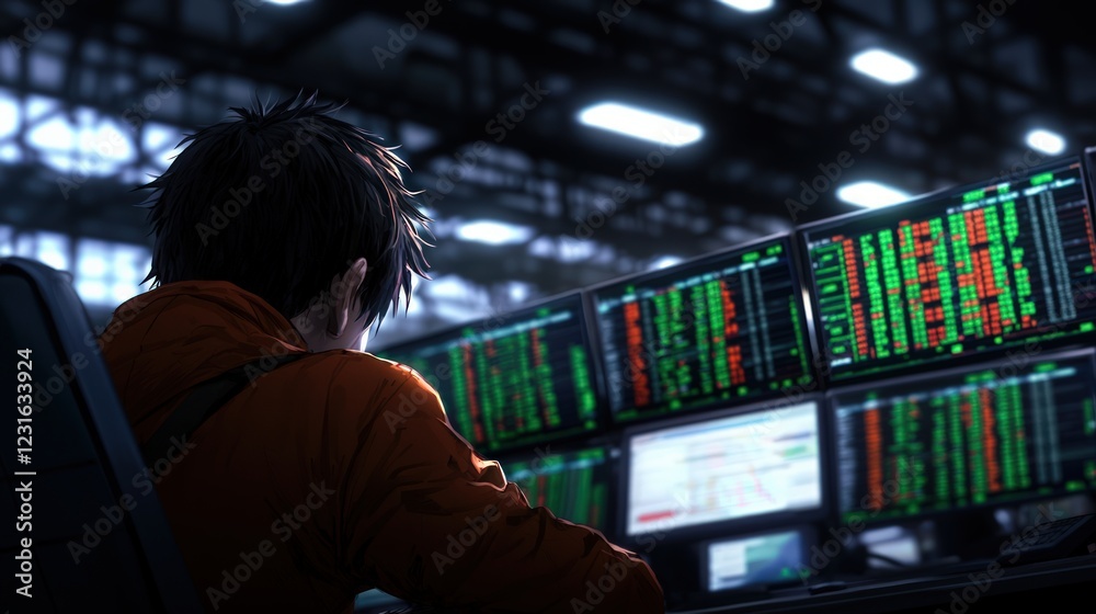 Naklejka premium Focused Trader Analyzing Financial Data on Multiple Monitors in Modern Workspace