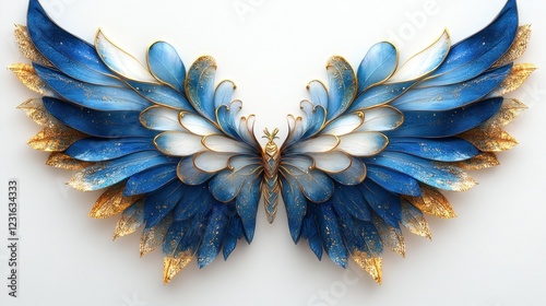 Vibrant blue and gold stylized wings, representing freedom and flight, isolated on a white background