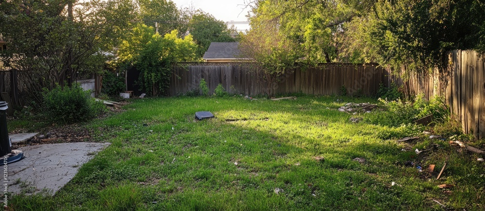 Neglected backyard with overgrown green grass and scattered debris under soft sunlight, showcasing the need for outdoor maintenance and care.