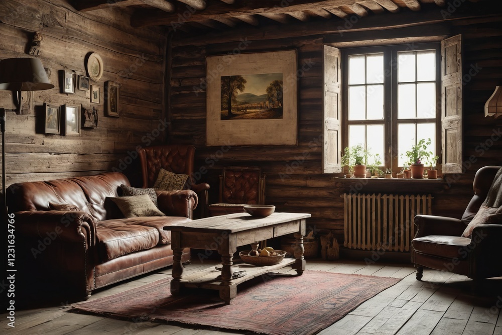 Luxury living room in an old house with wooden furniture, sofa, and table, featuring elegant interior design and a large window, showcasing a cozy yet sophisticated atmosphere Luxury living room in an old house with wooden furniture, sofa, and table, featuring elegant interior design and a large window, showcasing a cozy yet sophisticated atmosphere