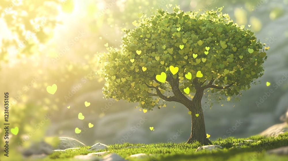 Vibrant Green Tree with Heart Shaped Leaves in Soft Light Vibrant Green Tree with Heart Shaped Leaves in Soft Light