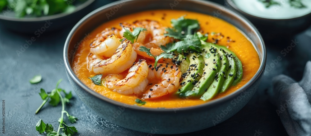 Nutritious bowl featuring vibrant orange curried carrot soup topped with shrimp sticks, sliced avocado, and garnished with fresh herbs and yogurt. Nutritious bowl featuring vibrant orange curried carrot soup topped with shrimp sticks, sliced avocado, and garnished with fresh herbs and yogurt.