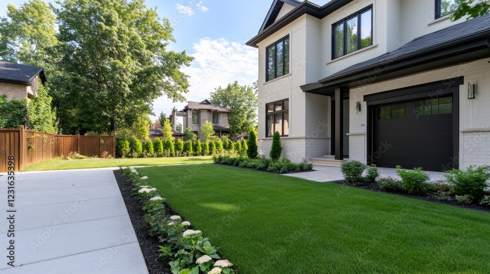 Fototapeta premium Suburban home exterior driveway landscaping sunny day neighborhood real estate