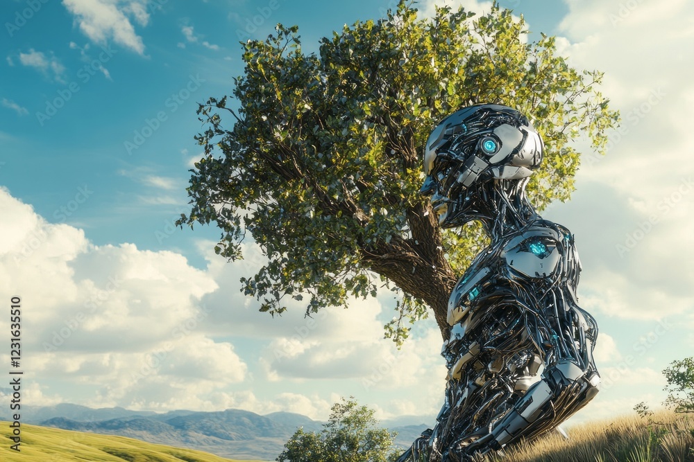Fototapeta premium A metallic robot stands in a natural landscape, blending technology with nature, under a vibrant sky.