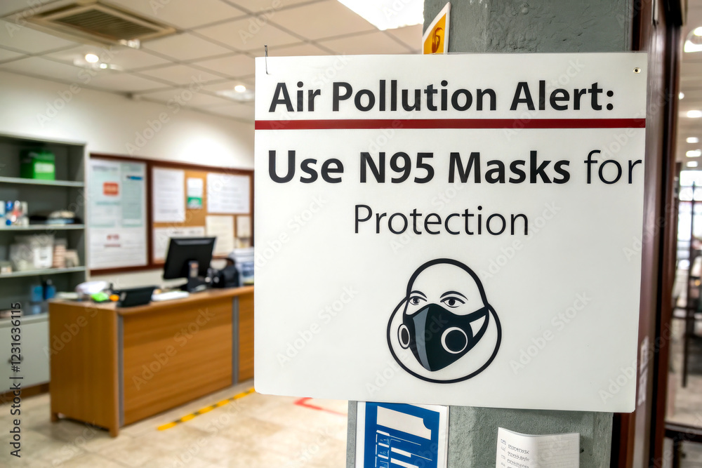 Sign advising the use of N95 masks due to air pollution, emphasizing protection for health in a public space. Sign advising the use of N95 masks due to air pollution, emphasizing protection for health in a public space.