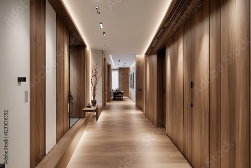 Long empty hotel corridor with doors on both sides and soft lighting