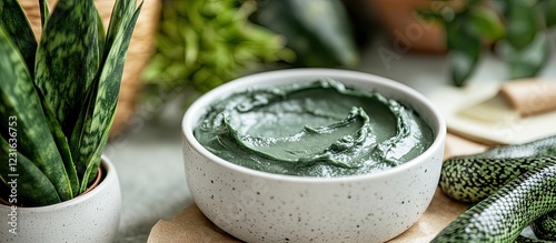 Organic facial mask in a white ceramic bowl on eco-friendly brown paper surrounded by green Snake plants and fresh organic ingredients.