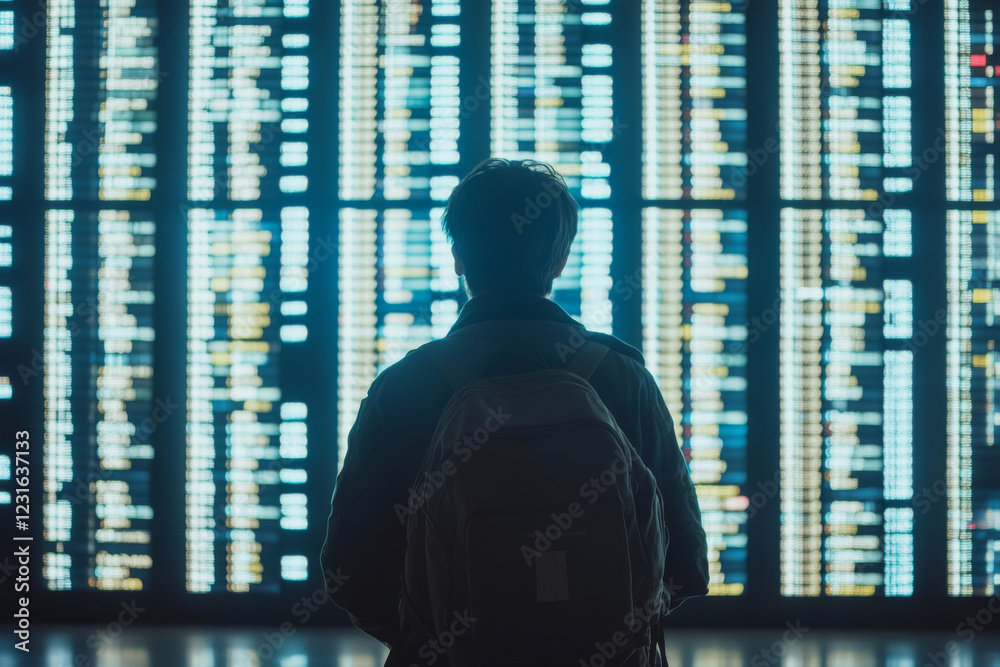 Traveler with backpack standing in airport terminal and looking at information board, checking flight schedule and gate information
