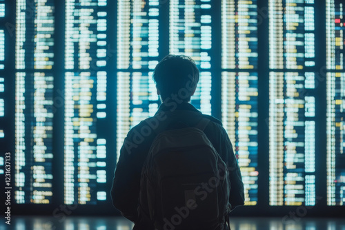 Obraz na płótnie Traveler with backpack standing in airport terminal and looking at information board, checking flight schedule and gate information w salonie