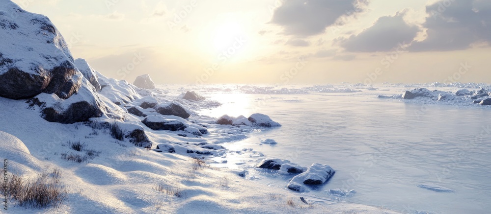 Panoramic winter landscape with frozen sea and snow-covered rocks under soft sunlight featuring pale blues, whites, and gentle grays in the sky Panoramic winter landscape with frozen sea and snow-covered rocks under soft sunlight featuring pale blues, whites, and gentle grays in the sky