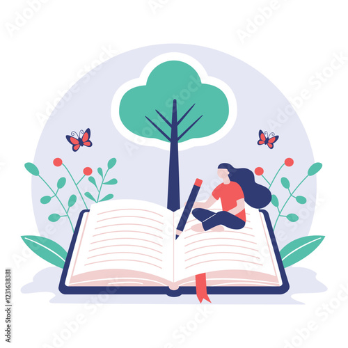 Young woman writing in a giant book under a tree with butterflies, Creative Writing and Imagination Concept with Open Book and Nature Elements