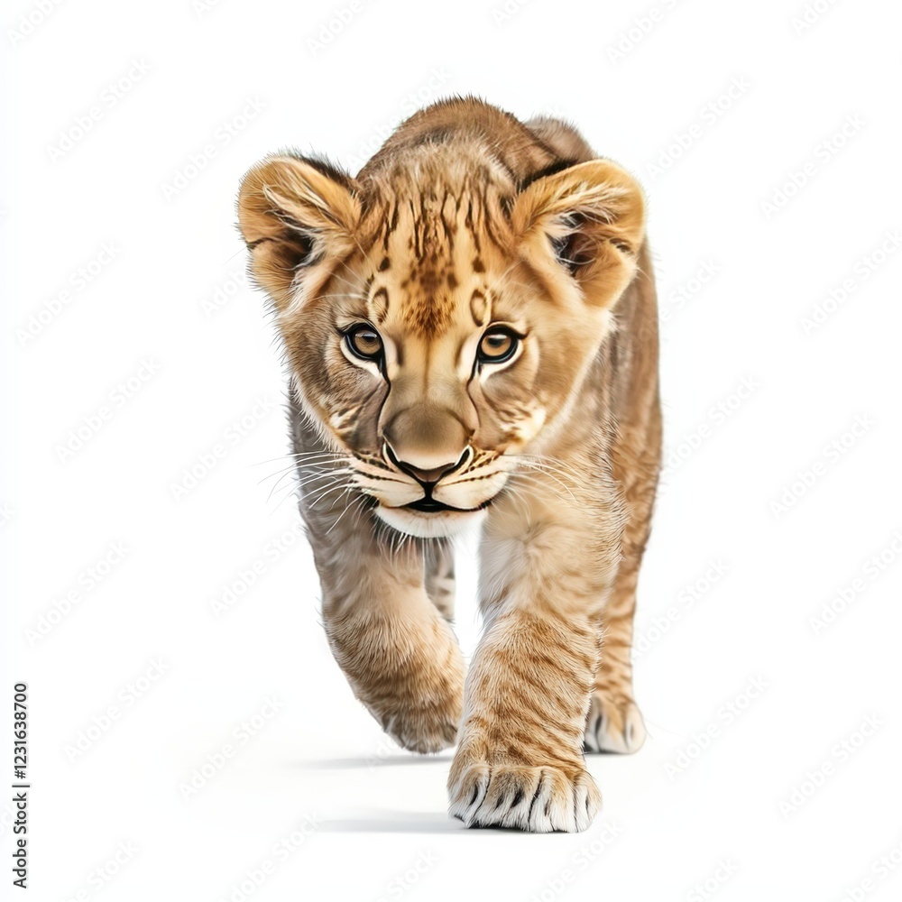 Obraz premium A playful lion cub approaches with curiosity, showcasing its beautiful fur and captivating eyes in a bright, white background.