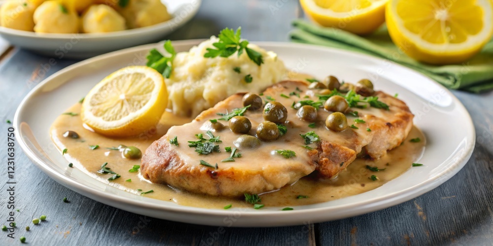 Delicious Lemon Chicken with Capers and Mashed Potatoes on Plate Delicious Lemon Chicken with Capers and Mashed Potatoes on Plate