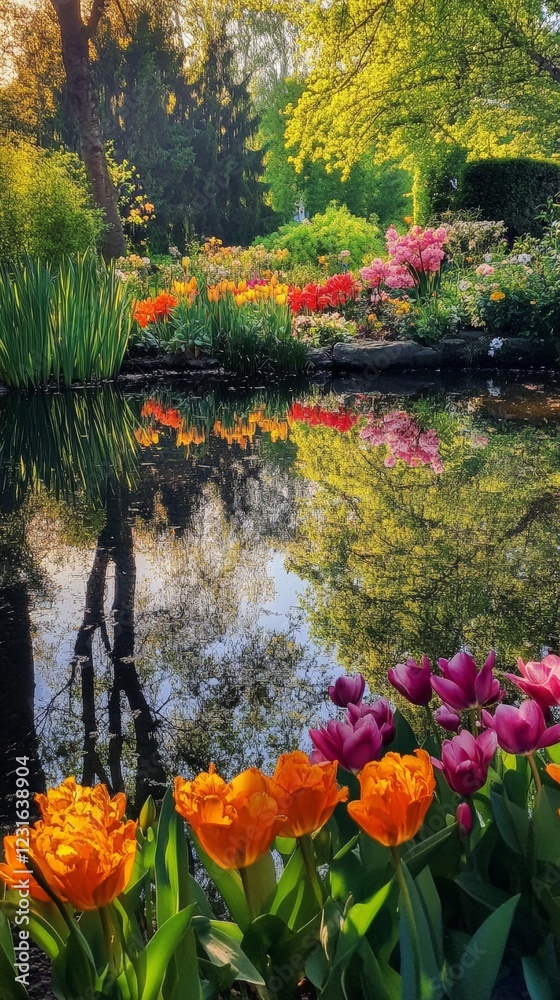 Orange and Purple Tulips in a Spring Garden: A Stunning Reflection of Nature's Beauty Orange and Purple Tulips in a Spring Garden: A Stunning Reflection of Nature's Beauty