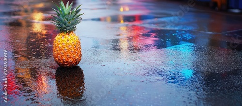 Vibrant yellow pineapple on shiny wet pavement with abstract colorful reflections from nearby lights enhancing its striking visual appeal.