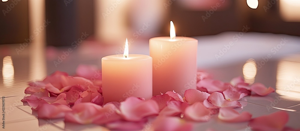 Calming pink candles softly lit in a treatment room surrounded by delicate rose petals creating a serene and relaxing atmosphere for healing Calming pink candles softly lit in a treatment room surrounded by delicate rose petals creating a serene and relaxing atmosphere for healing