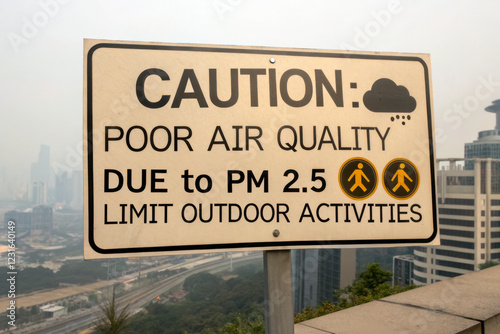 A warning sign indicating poor air quality due to PM 2.5, advising to limit outdoor activities.