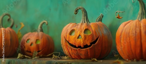 Festive pumpkins with creative jack o lantern faces on a green background showcasing vibrant orange hues and playful expressions for Halloween decor photo