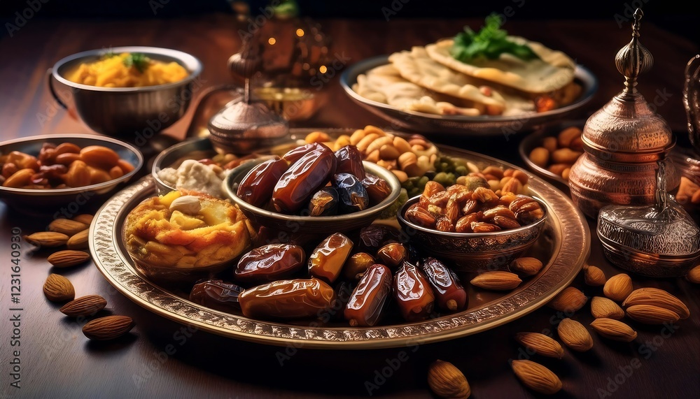 Fototapeta premium Sumptuous Spread Of Traditional Arabic Food Served During Ramadan Featuring Dates and Almonds
