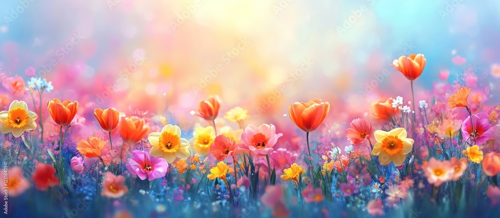 Obraz premium Sunny spring meadow, vibrant flowers, bokeh background, website banner