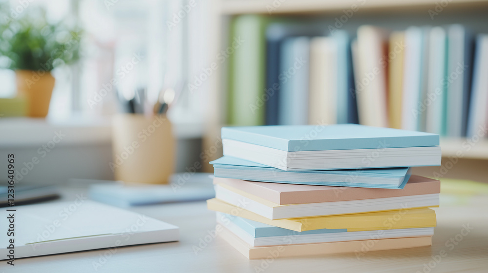 Stack of Colorful Sticky Notes: A close-up image of a stack of colorful sticky notes arranged on a desk, symbolizing organization, planning, and reminders.