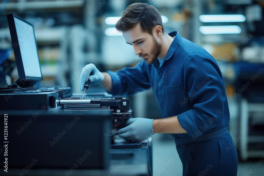 A technician repairing a large office printer. Created with Generative AI. A technician repairing a large office printer. Created with Generative AI.