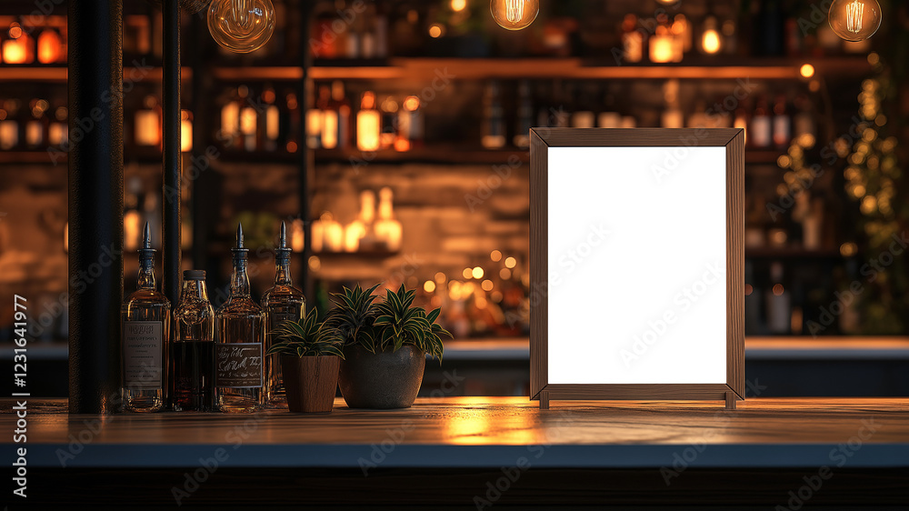 Mock up label the blank menu frame in bar restaurant blurred background can inserting the text of the customer. Created with Generative AI. Mock up label the blank menu frame in bar restaurant blurred background can inserting the text of the customer. Created with Generative AI.