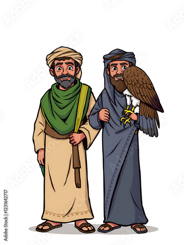 Two Arab men with falcon bird traditional clothing falconry wildlife conservation cultural heritage middle east illustration cartoon character isolated background vector mascot design graphic element photo