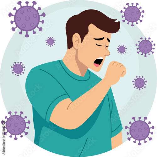 Illustration of a sick man. His facial expression shows discomfort. Around him are floating virus particles, which indicates illness or infection.