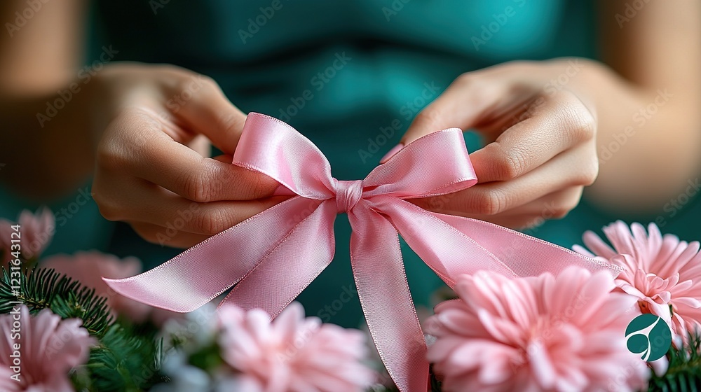 Delicate hands tie a pink ribbon bow on flowers Delicate hands tie a pink ribbon bow on flowers