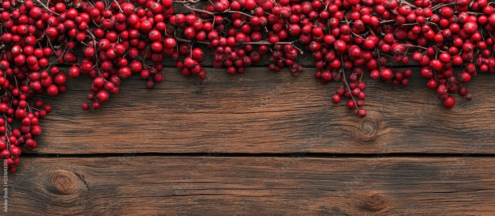 Rustic wooden background with vibrant red berries along the top creating a warm festive atmosphere ideal for holiday greeting cards and decorations Rustic wooden background with vibrant red berries along the top creating a warm festive atmosphere ideal for holiday greeting cards and decorations